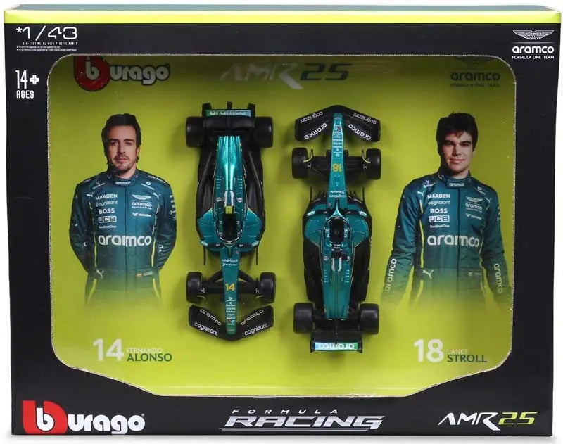 1:43 f1 Aston Martin amr25 2025 Alonso & Stroll Team Two Pac