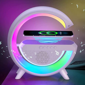 LED Table Lamp with Wireless Charger, Bluetooth Speaker, Dimmable Night Light, Music Sync, App Control, Smart Mood Light for Bedroom/Dorm, Intelligent Atmosphere Lamp (White).