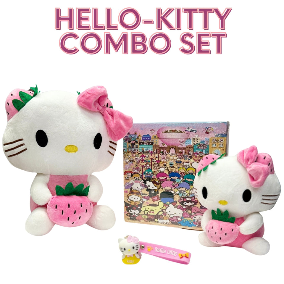 Hello Kitty Combo Set: Small & Large Plush Toys, 24-Day of Kitty characters Advent Calendar, and Keychain