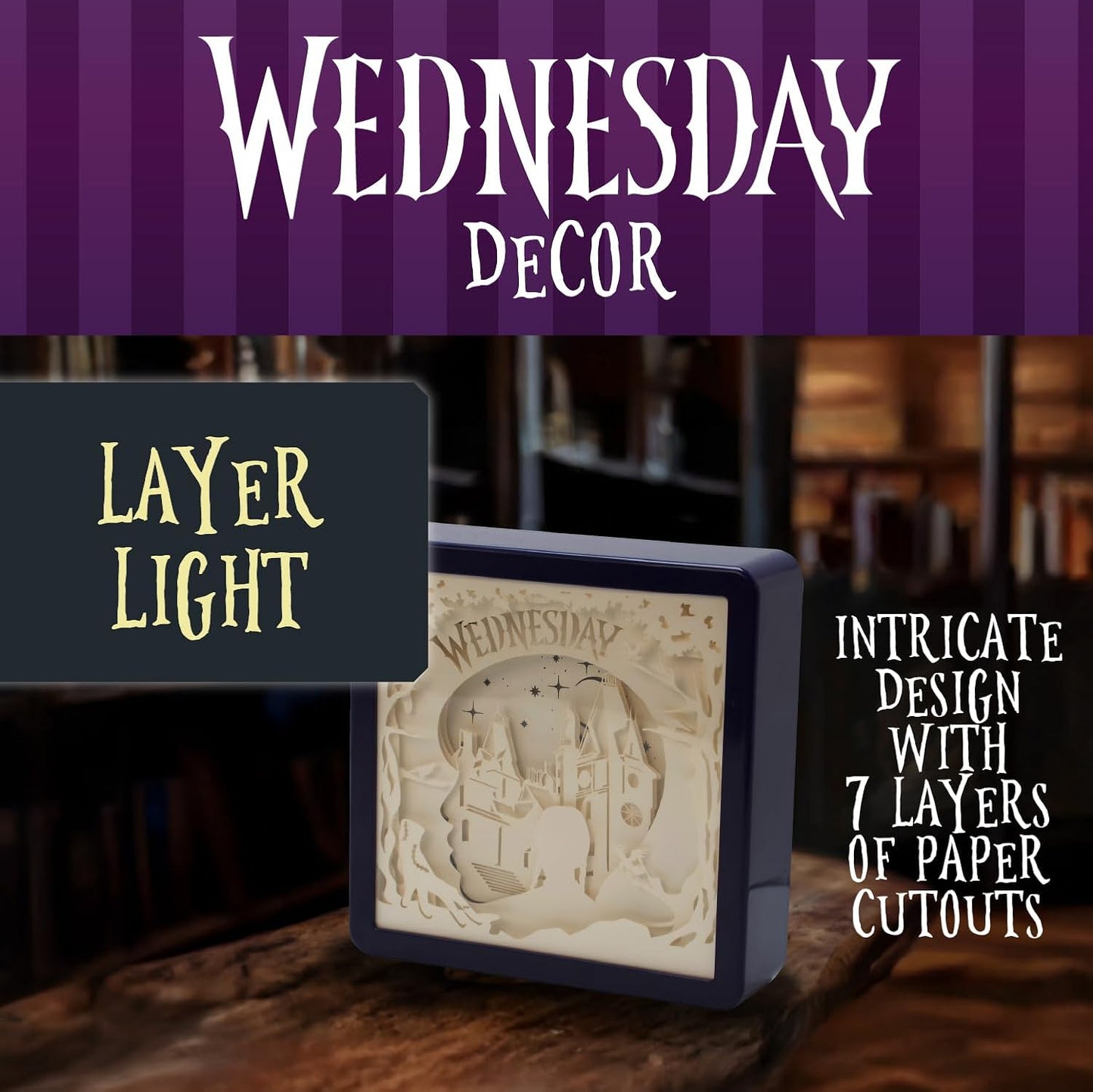 Wednesday Light, Intricate 7 Layer Paper Art Cutout Lamp, 2 Glow Modes, Wednesday Room Decor, Licensed Merchandise