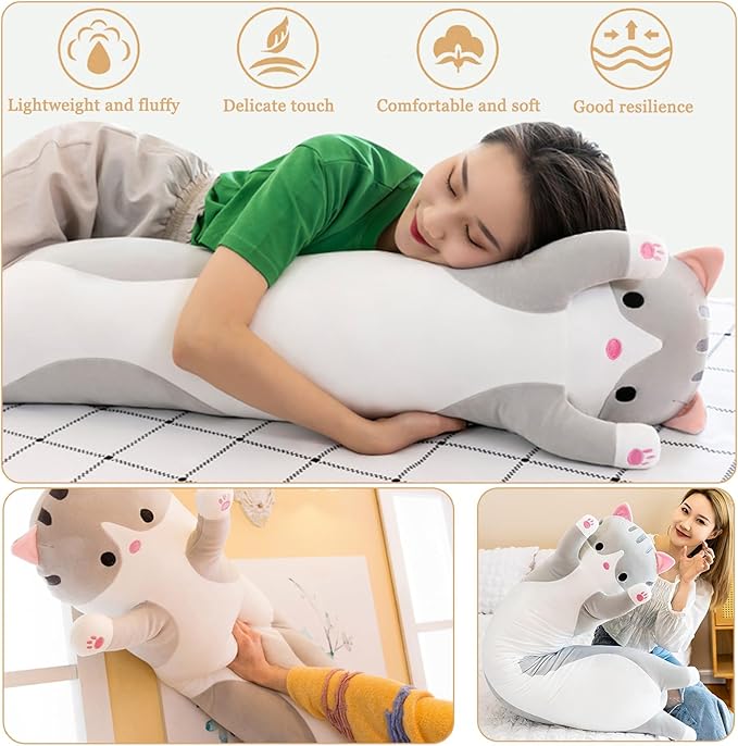 Furry Fellows® Giant Grey Cat Pillow - Soft Plush Hugging Pillow, Adorable Stuffed Kitty for Kids, Cozy Sleeping Throw Pillow, Perfect Gift for Cat Lovers and Kids of All Ages