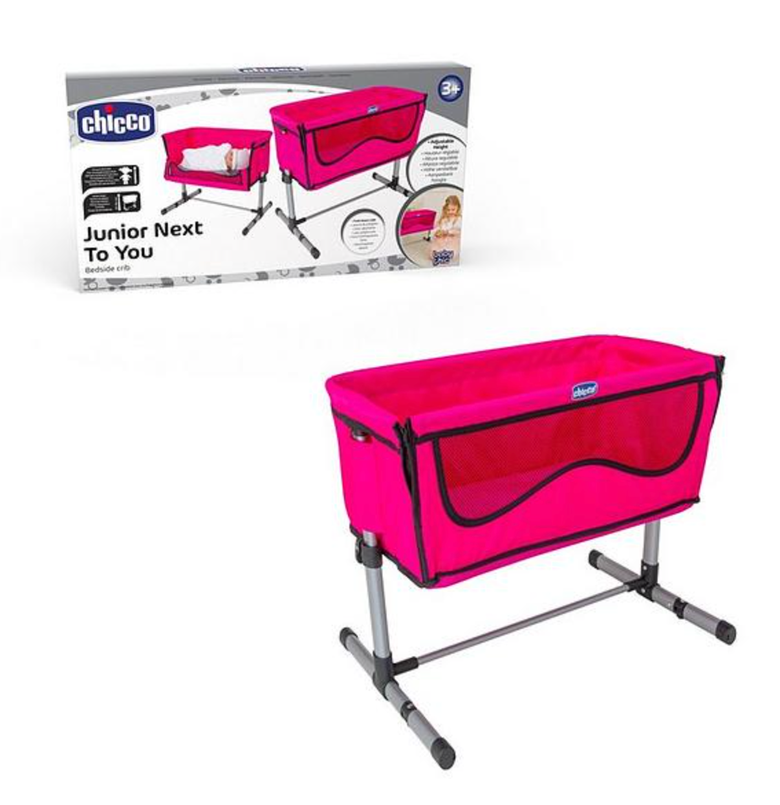 Chicco Junior Next2You Bedside Pink Cot | Fold-Down Crib Toy | Adjustable Dolls Bedside Nursery Cot | Dolls Pushchair & Pram Toy Accessories | Kids Doll Playset for Girls | Ages 3+