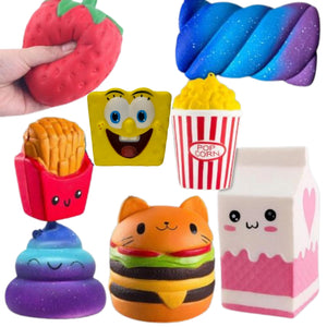 "Discover Irresistible Slow Rising Foam Squishies: Milk Carton, Burger, Galaxy Bread, Spongebob, Popcorn, and Strawberry!"