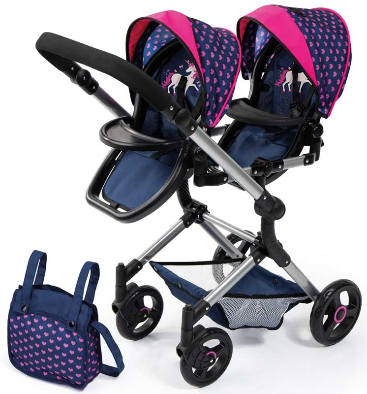 Bayer Design Dolls Pram Twin Neo - Blue And Dark Pink