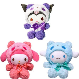 "Discover adorable Kuromi Melody Transformed Panda Sheep Plush Toys by Sanrio for Kids!"